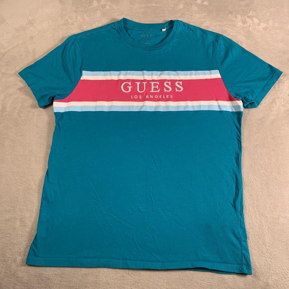 Guess Shirt Mens Large Blue Pink Stripe Los Angeles Crewneck Graphic Tee Cotton